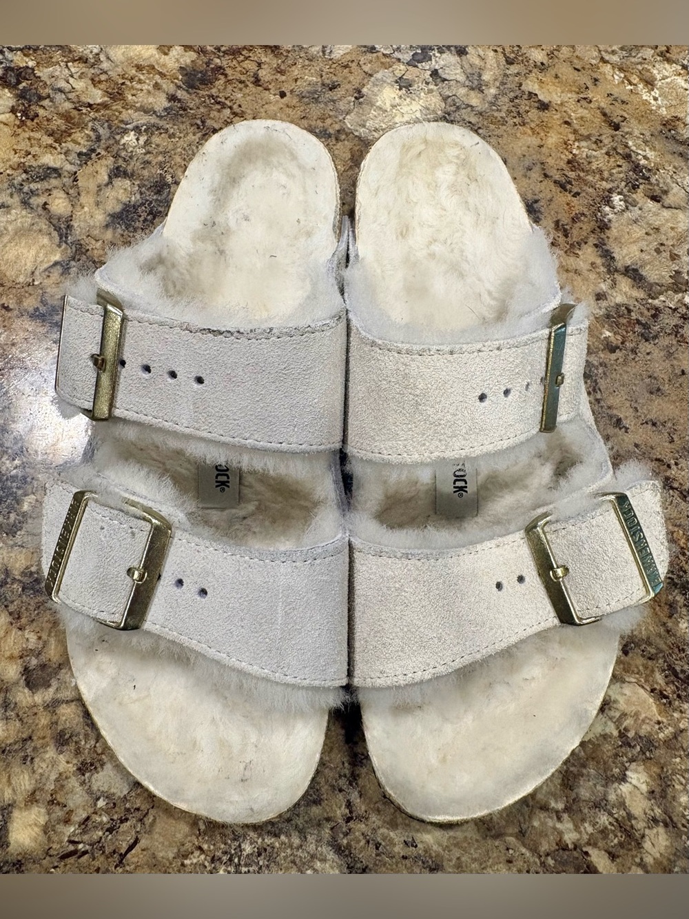 Birkenstock White Faux-Fur Suede Double Buckle Slide Sandals